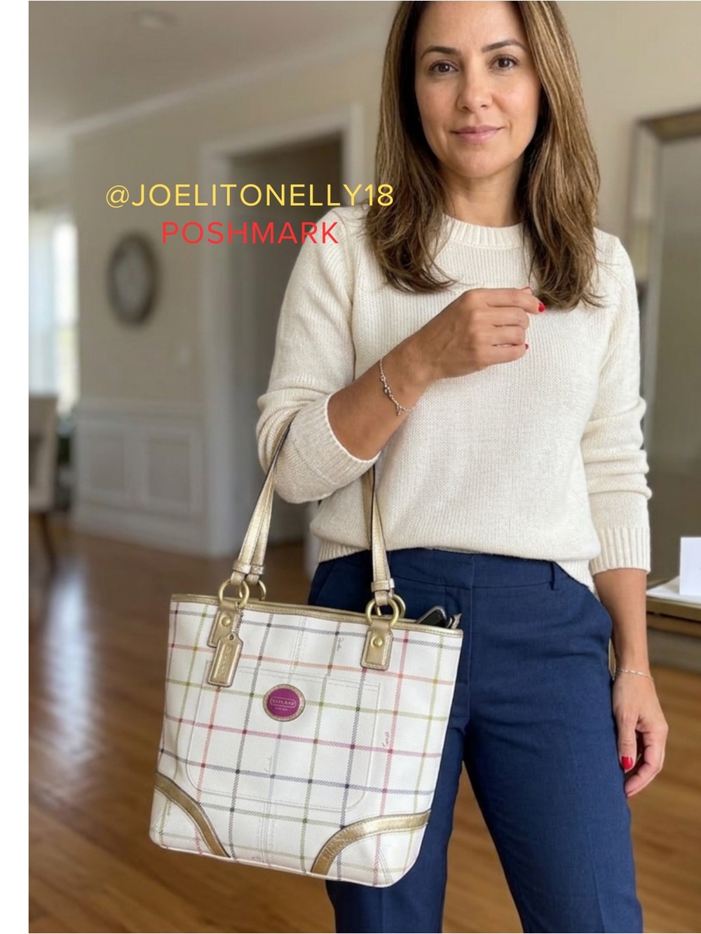 Coach Cream Plaid Tote with Gold Trim and Pink Logo